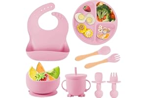 Hoidokly Set Pappa Svezzamento Bambini, 8 Pezzi Silicone Set Pappa Bambini con Ventosa Piatto Ciotola Tazze Cucchiaio Forchetta Bavaglino Set Svezzamento senza BPA per Neonati - Rosa