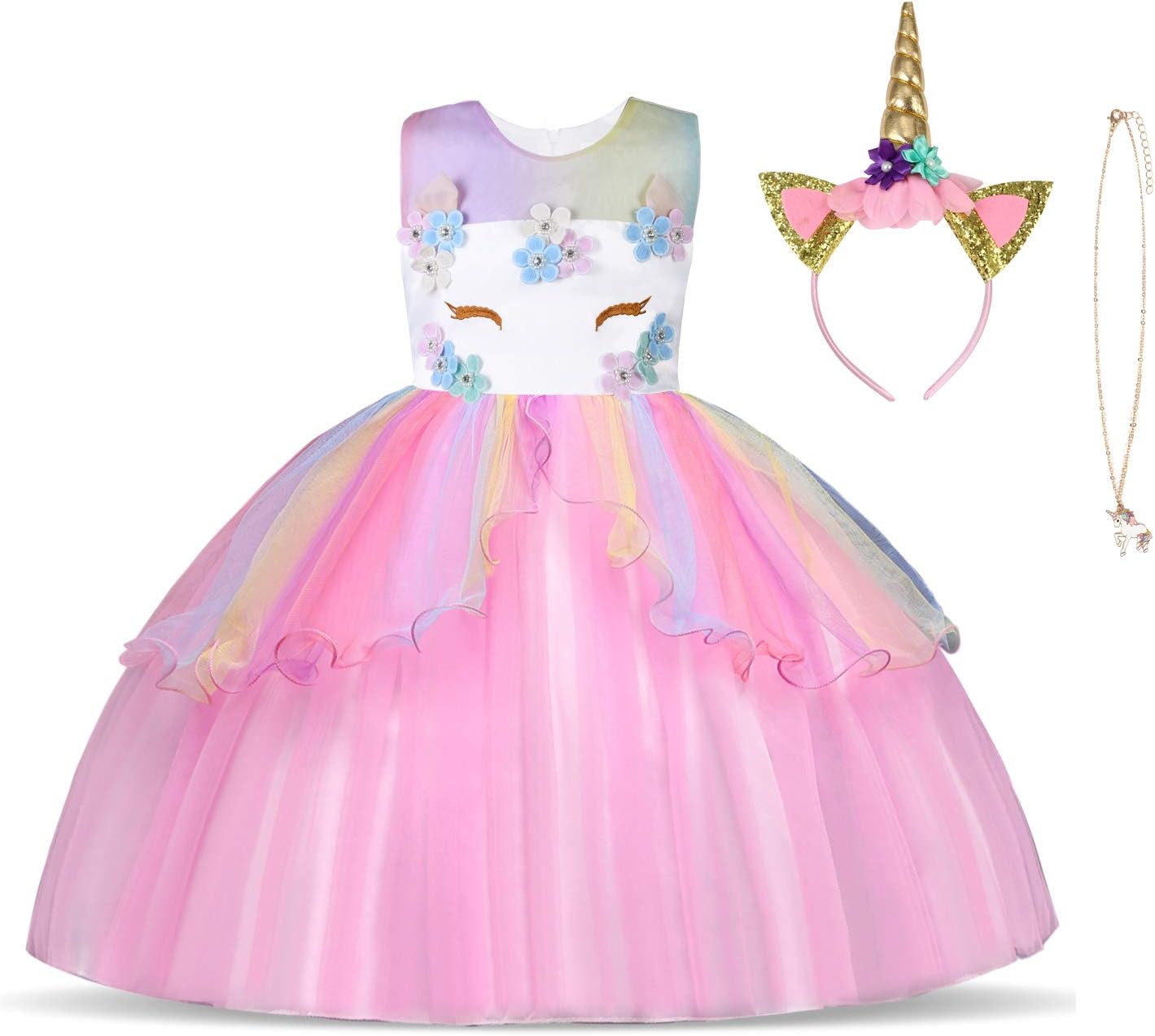 URAQT Disfraz Unicornio Niña, 3pcs Vestido Princesa con Diadema y Collar para Diario, Cosplay, Halloween, Carnaval, Fiesta, Boda, Cumpleaños