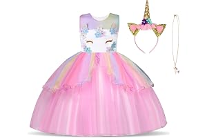 URAQT Disfraz Unicornio Niña, 3pcs Vestido Princesa con Diadema y Collar para Diario, Cosplay, Halloween, Carnaval, Fiesta, Boda, Cumpleaños