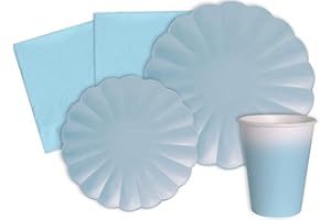 Ciao-Kit Table Fête Party Flower Shape 8 personnes (44 pcs: assiettes, gobelets, serviettes) en papier compostable, bleu ciel Vaisselle papel eco-friendly, Uni, AZ104