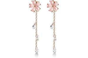 IMINI Dainty kwiaty wiśni wiszące kolczyki sztyfty srebro próby 925 dla kobiet dziewcząt różowe złoto różowy kryształ CZ diament zwisający urok kwiat liść nitka kolczyk kurtki uszy urocza biżuteria prezenty druhna