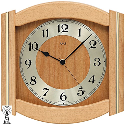 AMS Holz Wanduhr Funk, Funkuhr hell aus Buche massiv – Wohnzimmeruhr Küchenuhr Landhausstil Funkwanduhr - 2