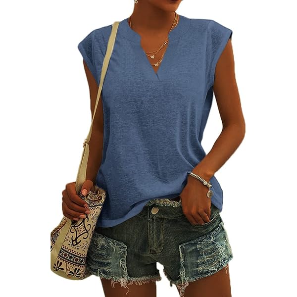 Onsoyours Damen T-Shirt Mit V-Ausschnitt & Flügelärmeln – Lässiges Basic Top Aus Baumwoll-Mix | Für Sommer & Alltag