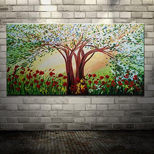 IPLST@ Oil Painting Landscape Tree of Life Blooming Flowers Wall Mural for Modern Home Decors Large Canvas Art Decals -50x100cm( No frame ,without stretcher)