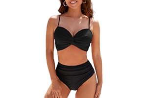 Adigaber Maillot de Bain Femme Deux Pièces Devant Torsadé Taille Haute Grande Taille Bikini Set Col V Élégant