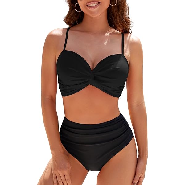 OUSIMEN Badpak voor dames, tweedelig, bikini met ruches, hoge taille