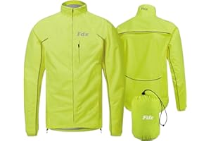 FDX Men’s Cycling Jacket - Waterproof Lightweight Breathable Cycle Rain Jersey - High Visibility Full Sleeves Reflective Tops - Windproof Packaway Pouch Coat for Running, Riding, Mountain Bike Racing