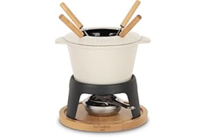 La Fonderie 1890 Mont Joly Fondue-Set aus Gusseisen für 4 Personen, für Käse- und Schokoladenfondues, Spritzschutzdeckel, 4 Gabeln mit Buchenholzgriffen, Kapazität 1,2L