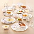 Larah By Borosil Red Bud Silk Series Opalware Dinner Set with Glasses, 35 Pieces for Family of 6, Microwave & Dishwasher Safe, Bone-Ash Free, Crockery Set for Dining & Gifting, Plates & Bowls, White