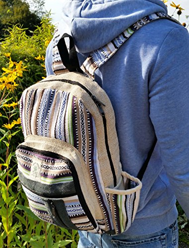 Handgemachter Rucksack   Daypack   Backpack aus nat  rlichem Hanf mit Laptop-Tasche - UNISEX - MADE IN NEPAL  Blue Stripes 