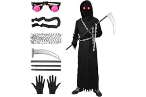 Harsever Déguisement Faucheuse Enfant,Deguisement Halloween Faucheuse pour Garçon avec Faux et Lunettes Brillants Death Notebook,Gants,Costumes d'Halloween pour Garçons de 6 à 12 Ans