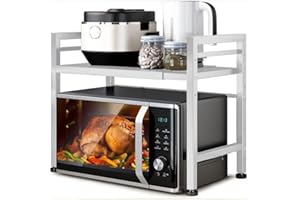 Shally Dogan Mensola Salvaspazio Porta Microonde in Acciaio Allungabile, Scaffale da Cucina con Ripiano Portaspezie, Mobile Estensibile con Ganci e Piedini Antiscivolo, Design Moderno (Bianco)