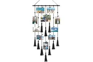 LbsAMP Large Hanging Photo Wall Display 108X43CM Boho Decor DIY Multiple Picture Frame Collage with 30 Clips and a Hook, Hanging Art Work or Crafts for Gallery/Hotel/Shop and Home Decoration (Black)