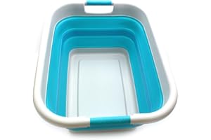 SAMMART Cesta plegable de plástico para la colada de 41 litros, contenedor de almacenamiento desplegable plegable, bañera portátil, cesta para ahorrar espacio (1, gris/azul brillante)