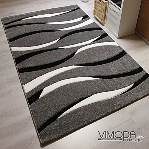 Moderner Designer Teppich, gestreift, handgeschnittene Konturen, Farbe Grau - ÖKO TEX Zertifiziert - Pflegeleicht, VIMODA; Maße: 240x340cm