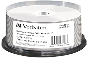 ‎VERBATIM Verbatim BD-R Single Layer 25GB 6X Inkjet Printable No ID 25 Pack, 43738
