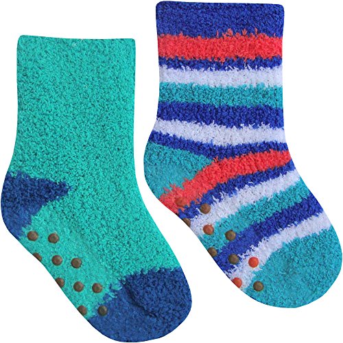 Baby Boy's Super Soft & Fluffy Cozy Gripper Socks (2 Pair Pack) (UK Infant Shoe 3-5.5 (Euro 19-22), Ocean Blue)