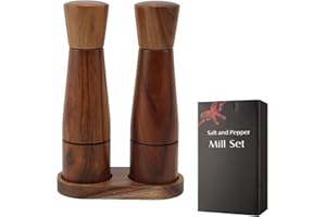 BUITHAFU Molinillo de sal y pimienta de madera con platillo, molinillo de sal y pimienta de 8 pulgadas, juego de 2 molinillos de especias con molinillo de cerámica ajustable, elegante molinillo de sal y