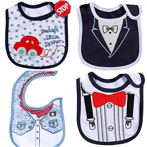 Lätzchen-Set "Babysaurus & Freunde", bestickt, Klettverschluss, vollständig gefüttert mit Wasserdichter Beschichtung auf der Innenseite, 100% Baumwolle, einheitsgröße – Grün, Blau, Weiß, Baumwolle, bestickt, Lätzchen 4 Stück Geschenk-Set, Super Saugfähig, Süße Neugeborenen-Lätzchen, Designs: Krokodil, Elefant und Giraffe