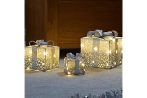 MARCO PAUL INTERIORS Marco Paul - Cajas con 45 luces LED, temporizador automático preiluminado, funciona con pilas, accesorios para festivales, caja de regalo, luces de Navidad plateadas brillantes para decoración de