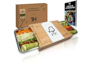 Thiru Premium XXL Planche à découper en bambou - 100% antidérapante - CERTIFIÉ FSC - 2 bacs de récupération en acier inoxydable de 7,5L - déchets à gauche & aliments à droite