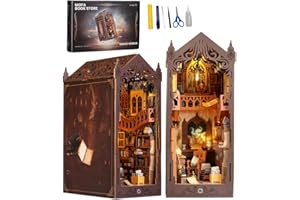 IXYHKB DIY Book Nook Kit, DIY Miniature Dollhouse Book Nook, 3D Wooden Puzzle Art Bookshelf with LED Lights, Creative Wooden Puzzle Bookends, Miniature Bookends Building Model Kit for Adults Teens