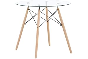 H.J WeDoo Cocina Mesa de Comedor Mesa de Cristal, Estilo escandinavo Ronda Mesa y Patas de Madera de Haya, 80 * 75 cm, Templado Cristal