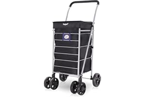 Hoppa 75.6L Lightweight Foldable Shopping Trolley on Wheels – Hard-Wearing Trolley Cart for Storage – Sturdy Push/Pull 6-Wheel Trolley for Shopping and Easy Maneuverability - (Black)