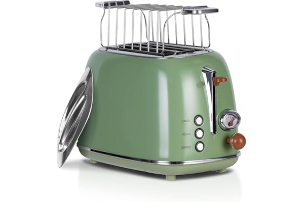 Wiltal Grille-pain rétro 2 tranches 6 niveaux de brunissage réglables en acier inoxydable avec grille réchauffe-viennoiseries de haute qualité, préchauffage, affichage du compte à rebours (vert)…