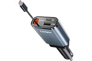 COOLPOW 3 EN 1Retráctil Cargador Coche Carga Rápida【2025 Ultra-Compacto】 Cargador Mechero Coche USB C Car Charger Adaptador Móvil Coche con Cables Retráctiles y Puerto USB-C/USB-A para iPhone Samsung iPad