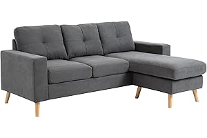 ‎HOMCOM HOMCOM Ecksofa L-Form Sofa mit 3 Kissen, Eckcouch mit Knopfheftung, Leinenoptik, Veränderbare Chaiselounge Couch Wohnlandschaft für Wohnzimmer, Schlafzimmer 193 x 136 x 85 cm Dunkelgrau
