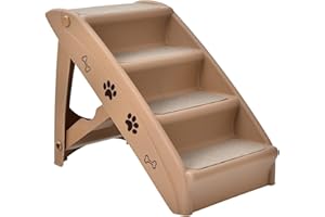 COSTWAY 4-stopniowe schody dla zwierząt domowych z wykładziną, schody dla psa z tworzywa sztucznego, składane, przenośne, dla psów i kotów, rampa dla zwierząt do wspinaczki i drapania (brązowe)