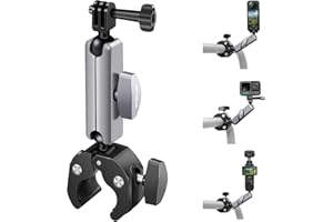 REYGEAK Soporte de cámara con cabezal de bola doble de 360° con tornillos de 1/4, soporte para manillar de bicicleta con doble garra para GoPro Max Hero 13/12/11/10/9
