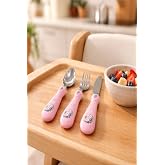SAFESTORE &Ccedil;ocuk Mama Kaşık &Ccedil;atal Bı&ccedil;ak Seti, Paslanmaz &Ccedil;elik, Pembe, Eğlenceli Karakter Desenli, 3 Par&ccedil;a