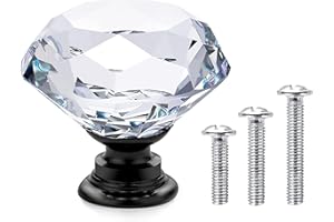 Vandicka 20 x Poignée Bouton de Porte Placard Meuble Tiroir - Diamant de Verre Cristal Transparent + Base en Noir - 30mm - avec Vis de 3 Longueurs