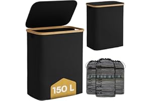 Bellamio Tolt Wäschekorb 3 Fächer schwarz – Wäschesammler 150 L mit Deckel – Wäschesammelbox aus Oxford-Gewebe mit Bambusring – Schmutzwäschebehälter mit herausnehmbarem Wäschesack – Wäschetonne hoch