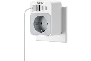 TESSAN 5 i 1 Grenuttag 2 USB C, vägguttag med 1 Schuko och 4 USB portar