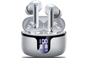 MONYHIGH Auriculares Inalámbricos Bluetooth, 2024 Auriculares Bluetooth 5.3 HiFi Estéreo con 4 HD Mic, 50H Cascos Inalámbricos Bluetooth con función de reducción de Ruido, IPX7 Impermeable, Pantalla LED, Gris