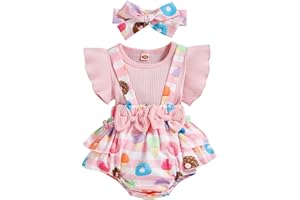 ESSECMBS 2Pz Completo Neonata Pagliaccetto Estivo Neonata Tutina Stampa Floreale Bimba con Maniche Volant Abito Principessa Elegante+Fascia per Neonata