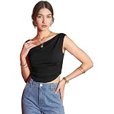 Istyle Can Women’s Solid Stretchable Draped Crop Top | Asymmetric Hem | Cowl Neck | Sleeveless Off-Shoulder/One-Shoulder Top