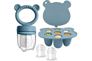 WeSweet Karmnik na owoce dla niemowląt, silikonowy karmnik na owoce dla niemowląt, foremki do zamrażania na mleko matki do ząbkowania i karmienia niemowląt, idealny prezent dla mamy (niebieski zestaw)