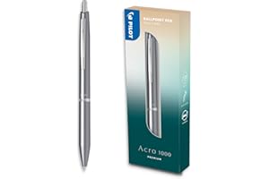 PILOT Bolígrafo premium Acro 1000 en Caja Regalo Plata - Tinta muy suave para una fluidez de escritura inigualable - Bolígrafo recargable y retráctil - Tinta negra - Punta Media
