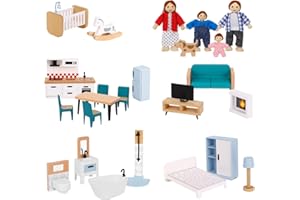 OOOK Wooden Dolls House Furniture Set, 26 Pcs Doll House Accessories with 4 Family Dolls and Dog, Miniature Dollhouse Furniture Toys Pretend Play Set for Girls Boys Age 3+