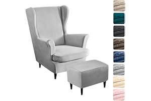 ‎ALISHOMTLL Alishomtll 3 Teilig Ohrensessel Überzug Mit Ottomane Schonbezug Stretch Samt Sessel-Überwürfe Elastisch Einfarbig Sesselhusse Strandmon Tiger Stuhlbezug mit Armlehne Hohe Rückenlehne (Hellgrau)