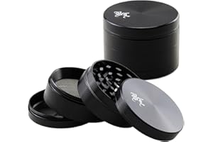 Black Leaf | Grinder in alluminio | nero | piccolo 4 pezzi Ø 49/47 mm H 36 mm | denti taglio diamantato | + raschietto | Crusher speciale per erbe aromatiche