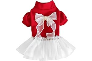 Yaopelky Vestito natalizio per animali domestici, in tulle rosso e bianco, con fiocco, per cani e gatti di piccola taglia (Rosso, XS(0.5-1.3kg))