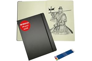 QE'MONO Bloc dibujo profesional de bocetos a4 para artistas- Incluye juego de 5 lapices y 1 sacapuntas. Hoja en blanco, papel crema, 140 gm2, Tapa dura. Cuaderno tipo libro para dibujar y escribir 80 hojas