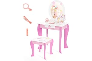 COSTWAY Tocador de Maquillaje con Taburete y Espejo para Niña Mesa de Maquillaje con Cajón Tocador Princesa de Madera para Niñas de 3-7 Años, Tocador Niña (Rosa)