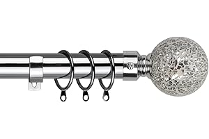 Home Treats Extendable Curtain Pole Silver Mosaic | Chrome Metal Curtain Pole Set 28mm | Includes Rings, Finials, Brackets & Fittings.(210cm - 300cm, Mosaic Final)