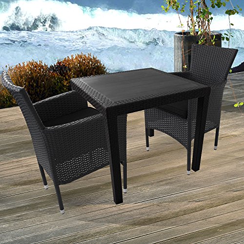 3tlg. Balkonmöbel Set Gartentisch Vollkunststoff Rattan-Optik 79x79cm + Poly Rattan Gartensessel Stapelstuhl Gartenstuhl Rattanstuhl Rattansessel stapelbar + Kissen Sitzgarnitur Sitzgruppe Gartenmöbel Gartengarnitur Terrassenmöbel